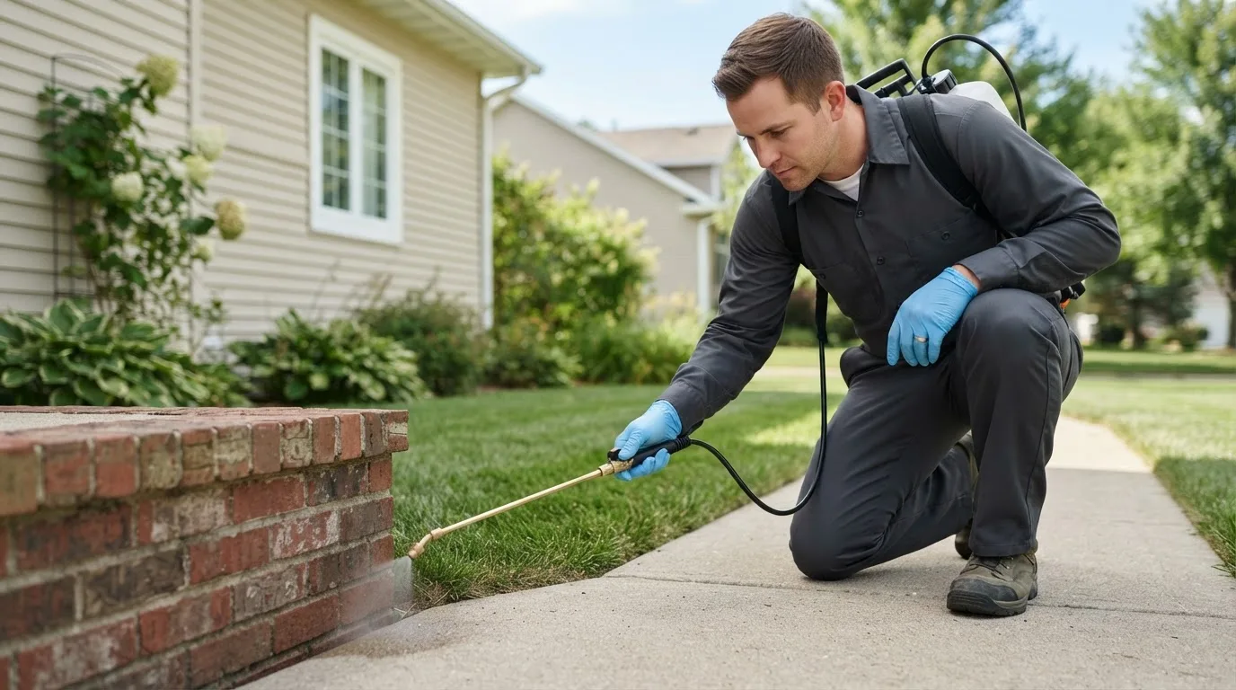 Pest control technician treating a home near Strafford, MO